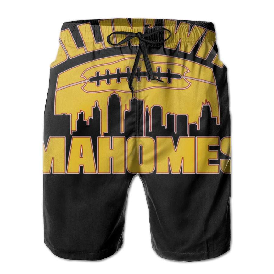 2 Pack Rollin With Mahomes Kansas City Skyline Horizontal Poster Men Swim Trunks Drawstring Elastic Waist Quick Dry Beach Shorts with Mesh Lining Swimwear Bathing Suits