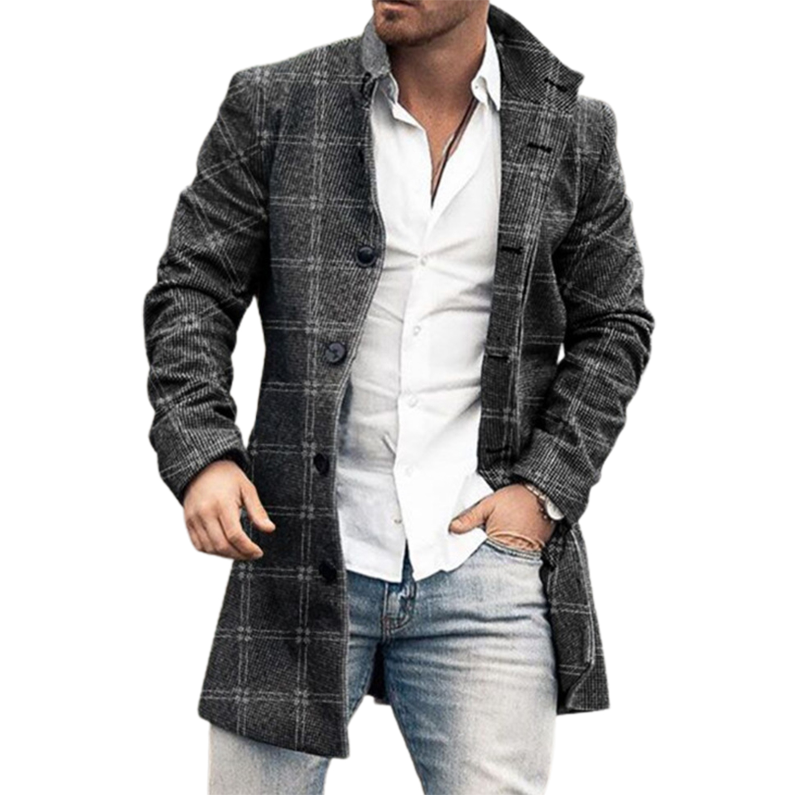 Temperament Popular Warm Pockets Trench Coat Autumn Winter Men Overcoat Plaid for Office alx