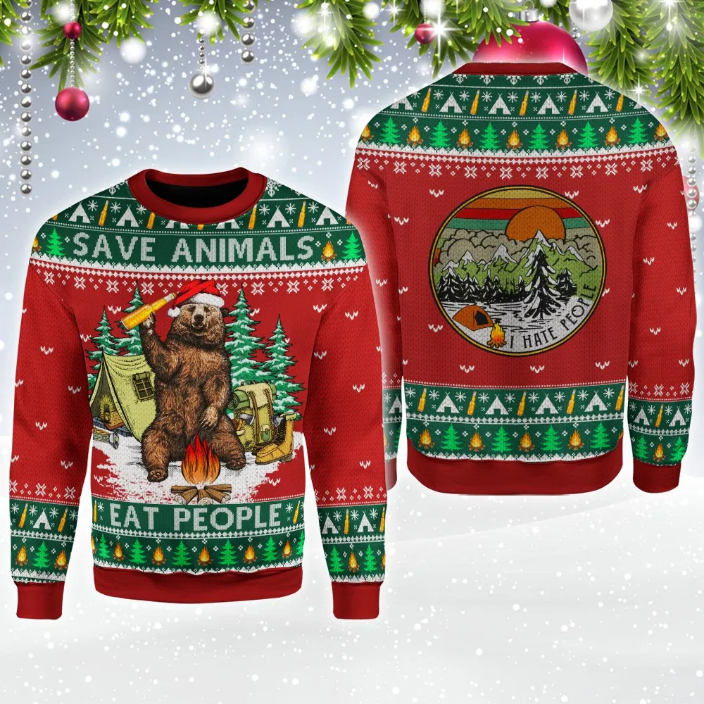 Save Animals, Eat People Bear Beer Ugly Christmas Sweater | Unisex | Adult | Us3090