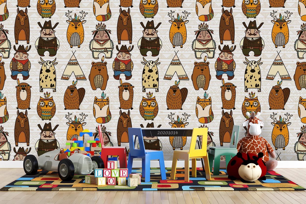 3D Cartoon Cute Indian Animal Fox Owl Cow Boy Pattern Wall Mural Wallpaper Wj 5035