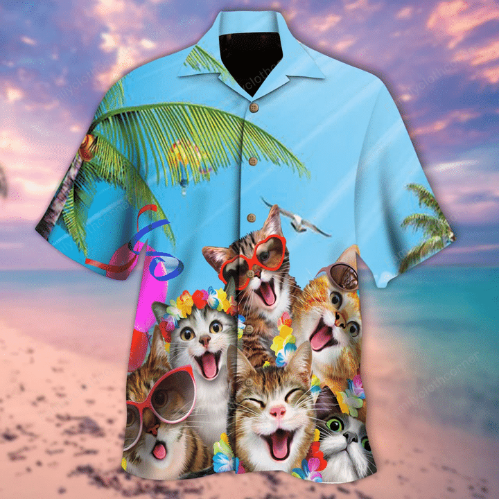 Cats Summer Beach Hawaii Unisex Print Aloha Short Sleeve Casual Shirt Ha61799