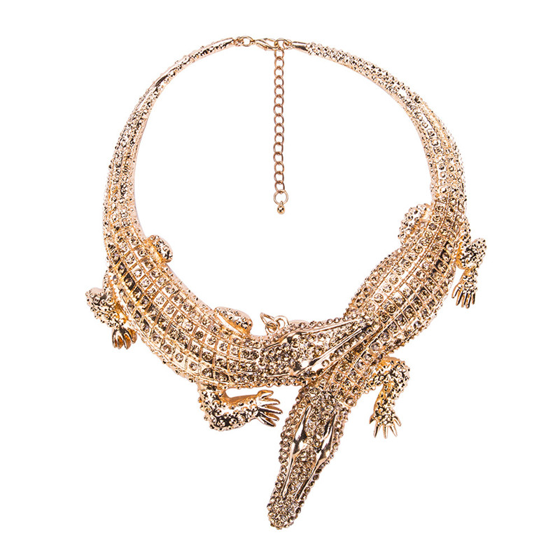 Ahmed New Design Exaggerated Punk Full Rhinestone Crocodile Necklace for Women Fashion Trend Statement Necklace Collar Bijoux alx