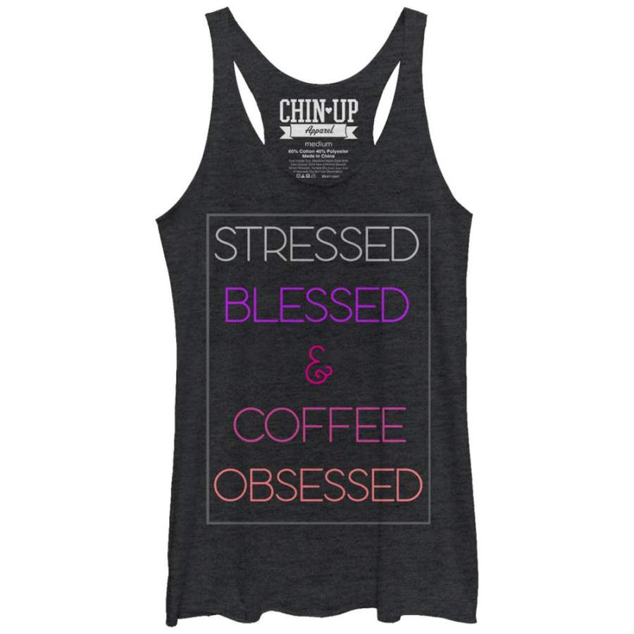 CHIN UP Women’s Stressed Blessed Coffee Obsessed  Racerback Tank Black Heather