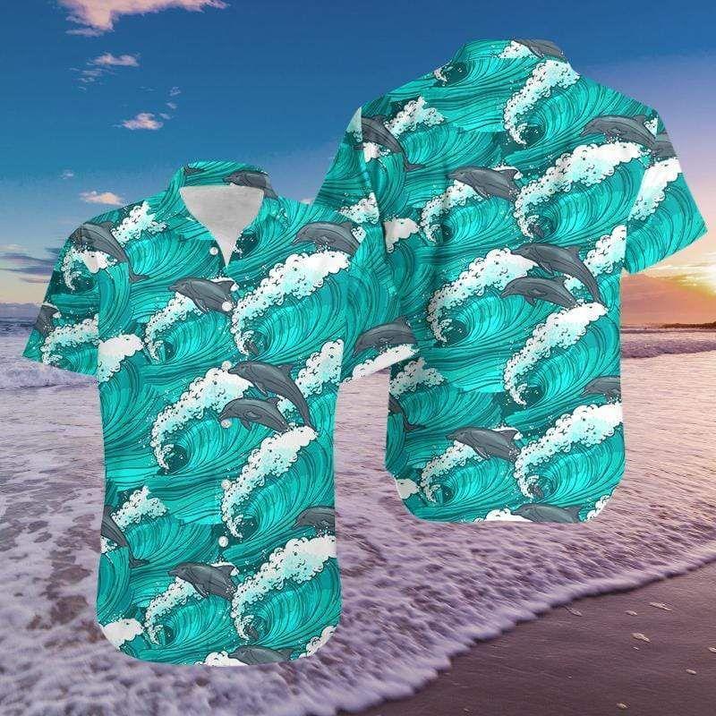 Beach Shirt Funny Blue Dolphin On Wave Summer Vibe Tropical Hawaiian Aloha Shirts 258H