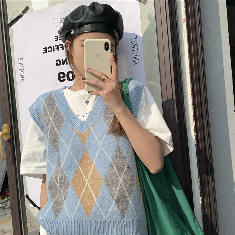 Sweater Vests Women S-3XL Vintage Fashion All-match Retro Autumn Knitted Chic Sleeveless Design New Harajuku Argyle Ins V-Neck alx