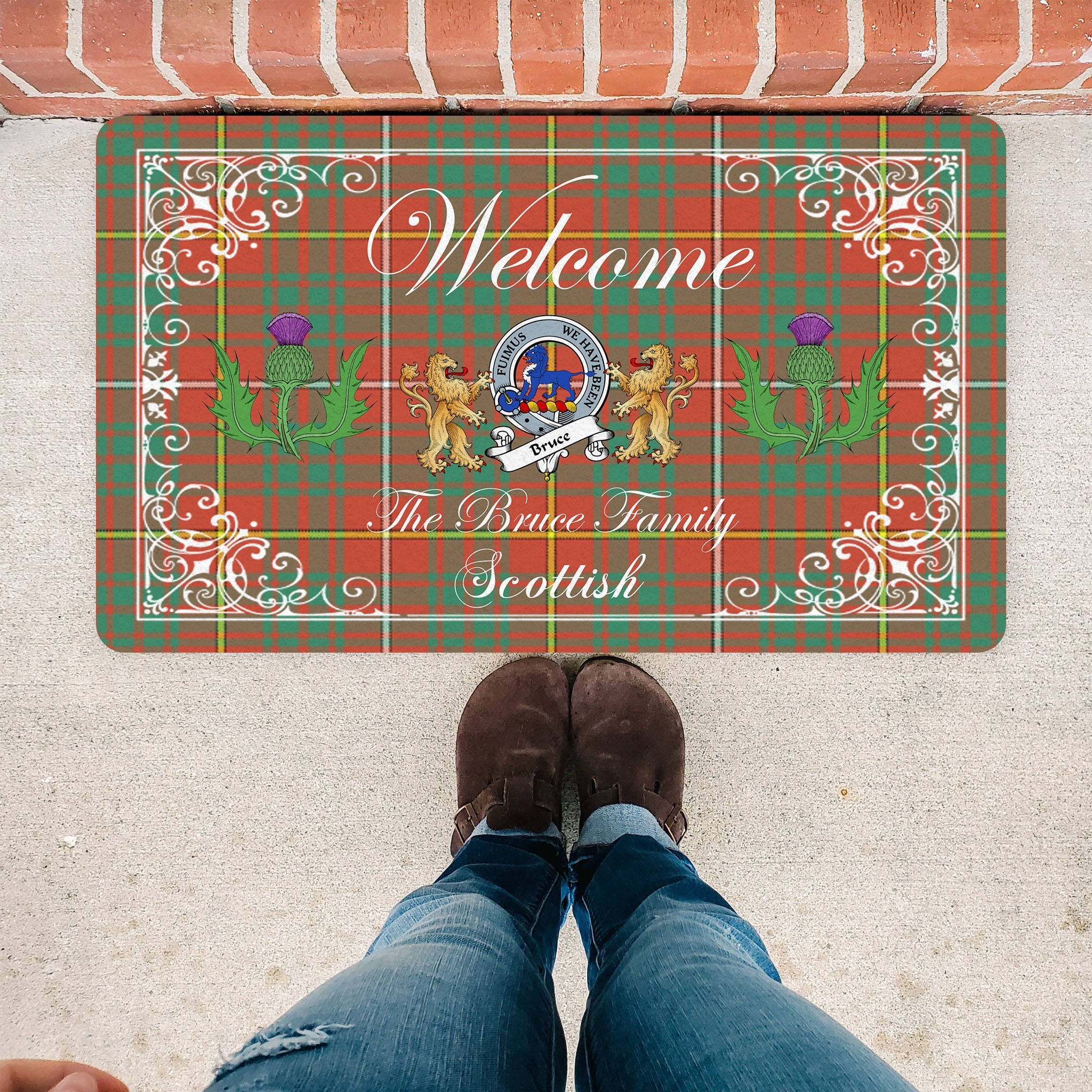 Scotstee Shop Tartan Door Mats Clan Bruce Ancient Badge Tartan Thistle And Two Lion Scottish Plaid Doormat, Christmas Door Mat Gift