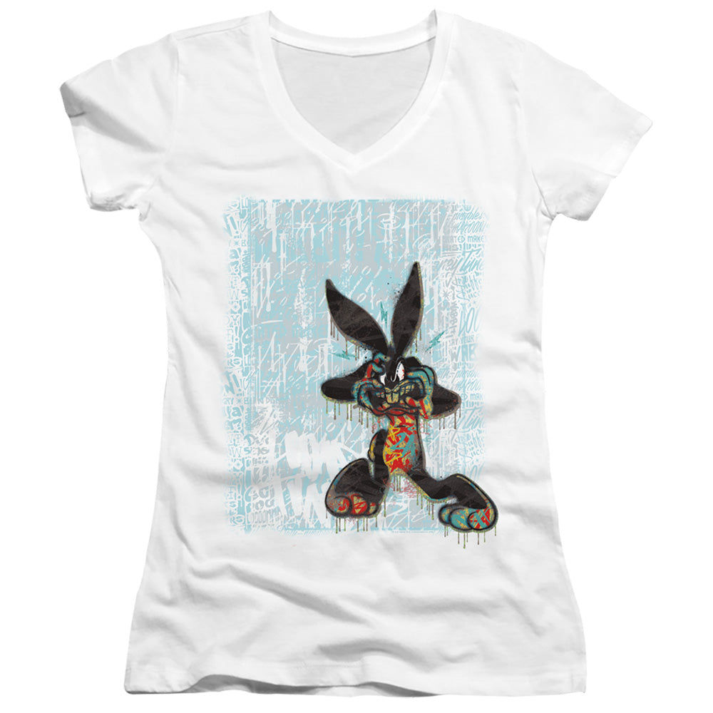 Looney Tunes Graffiti Rabbit Junior Sheer Cap Sleeve V-Neck Womens T Shirt White