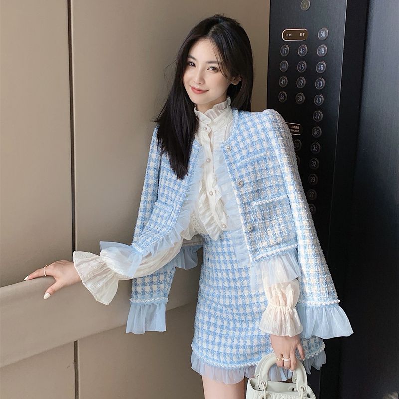 Temperament Blue Tweed Jacket Ruffled Lace Mini Plaid Skirts Sets Winter Clothes Two Piece Sets Dress Suits Crop Coat alx