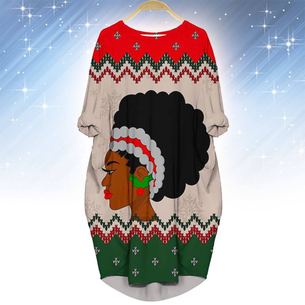 African American Dresses Beautiful Black Afro Lady Black Women Christmas Style Ugly Long Sleeve Pocket Dress African Dresses For Girls