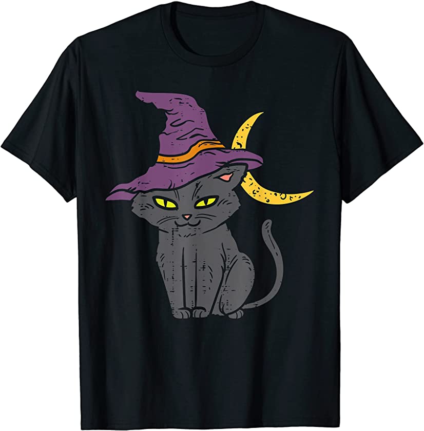 Black Cat Witch Hat Moon Funny Halloween Animal Pet Kitten T-Shirt