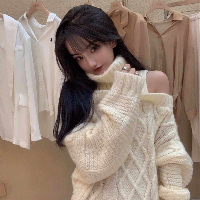 Autumn Winter Korean Style Women Turtleneck Knitted Sweaters Fashion Wild Knitwear Outwear Female Sexy Off Shoulder Pullovers alx