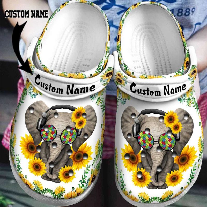 Custom Name Autism Awareness Day Sunflower Elephant Glasses Puzzle Pieces Crocband Clog Shoes