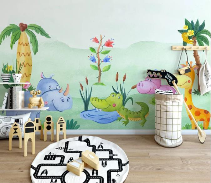 3D Cartoon Animal Coconut Tree Wall Mural Wallpaper 263