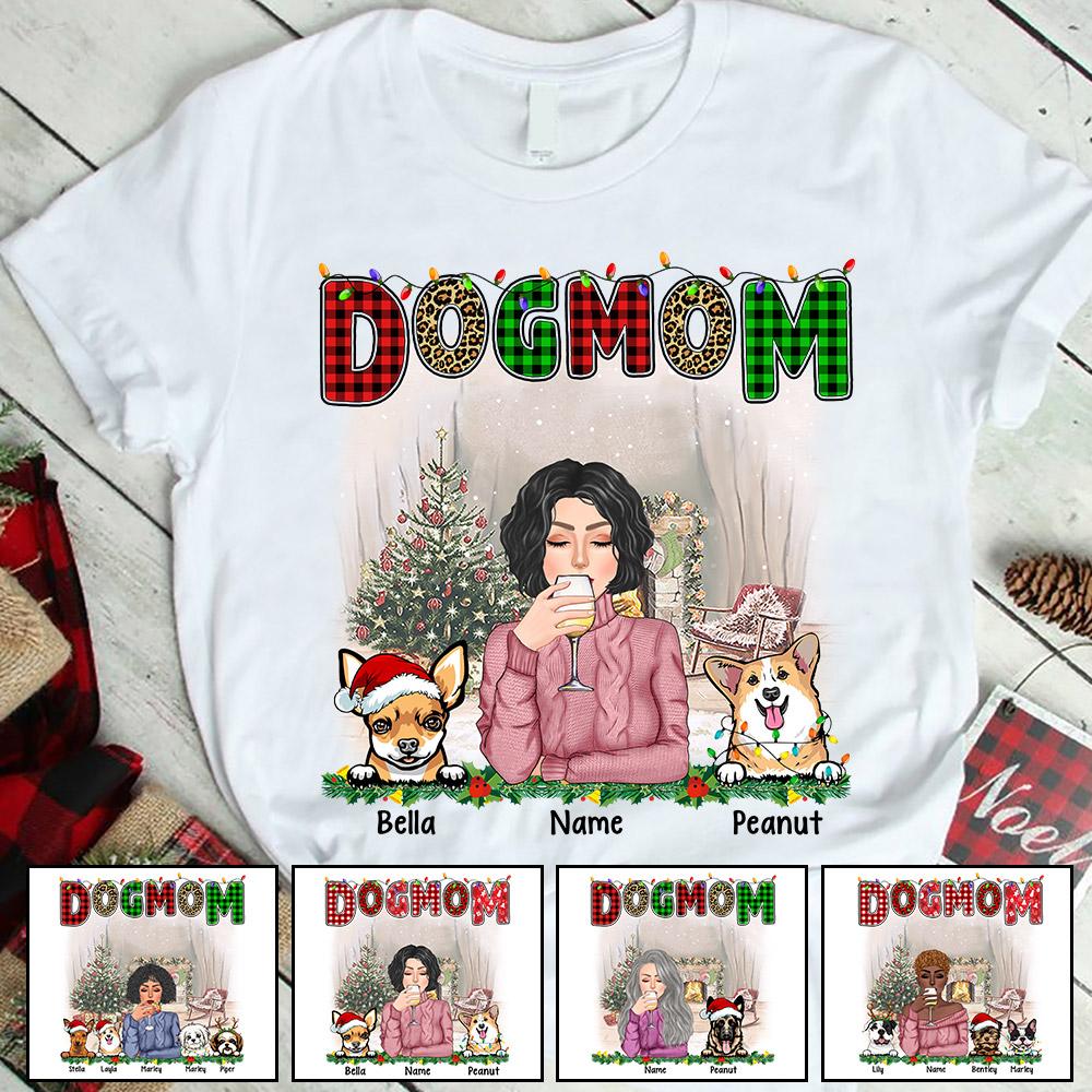 Personalized Dog Mom Buffalo Plaid Christmas Shirts, Custom Dog Mom With Dog Name Shirt