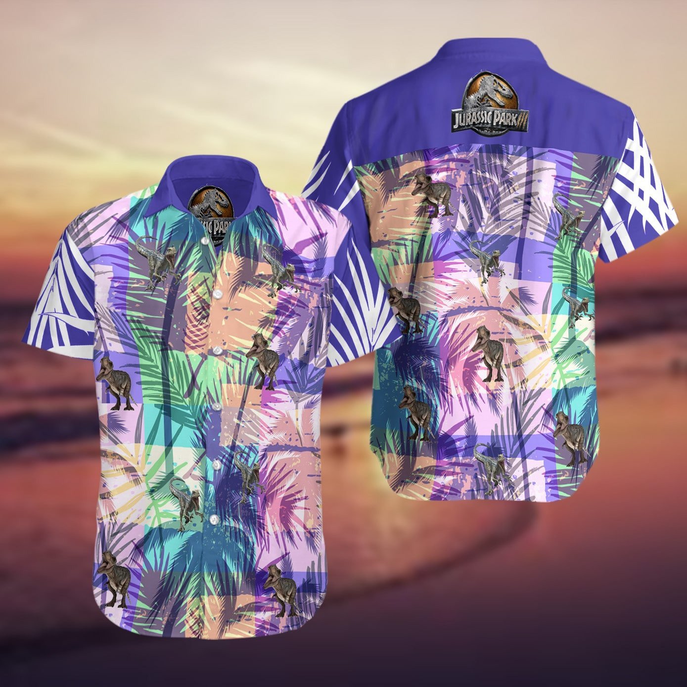 Unifinz Jurassic Park Hawaiian Shirt Dinosaurs Tropical Palm Leaves Purple Hawaii Shirt Jurassic Park Aloha Shirt 2022