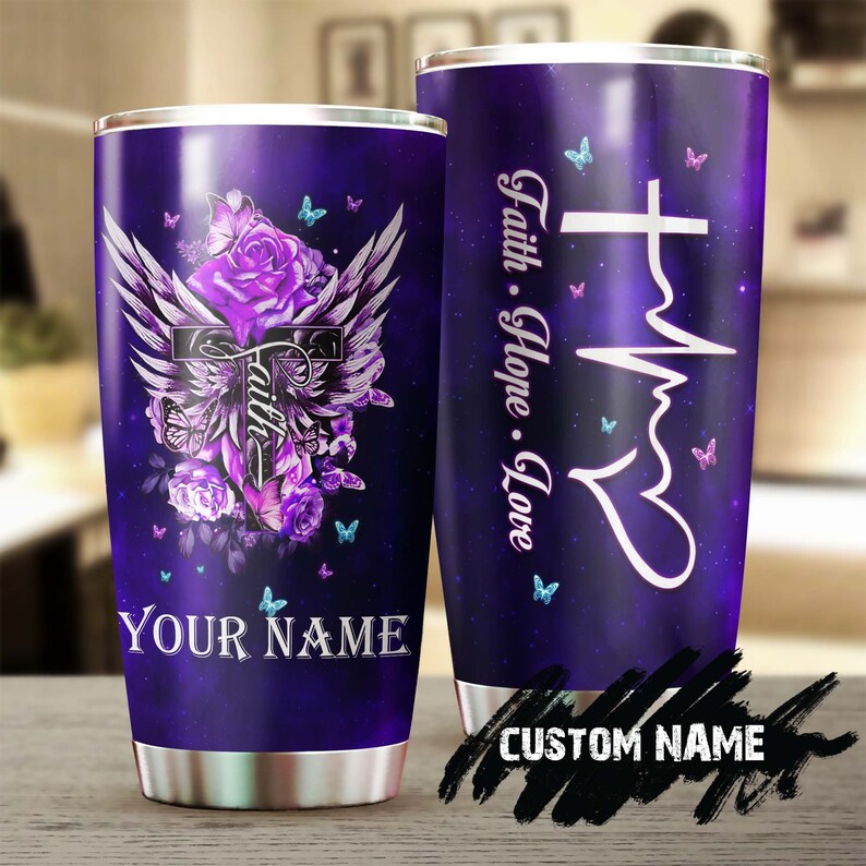 Faith Hope Love Heartbeat Purple Rose Personalized Tumbler-Birthday Christmas Gift For Jesus Lover Christians