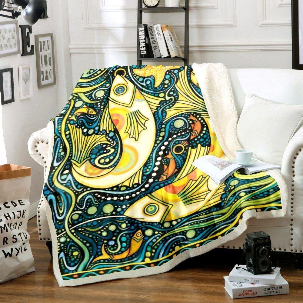 3D Fish Abstract Printed Fleece Blanket, Sherpa Blanket, Gift For Parent, Family Member, Friends Gift, Christmas Gift, Home Decor, Home Living