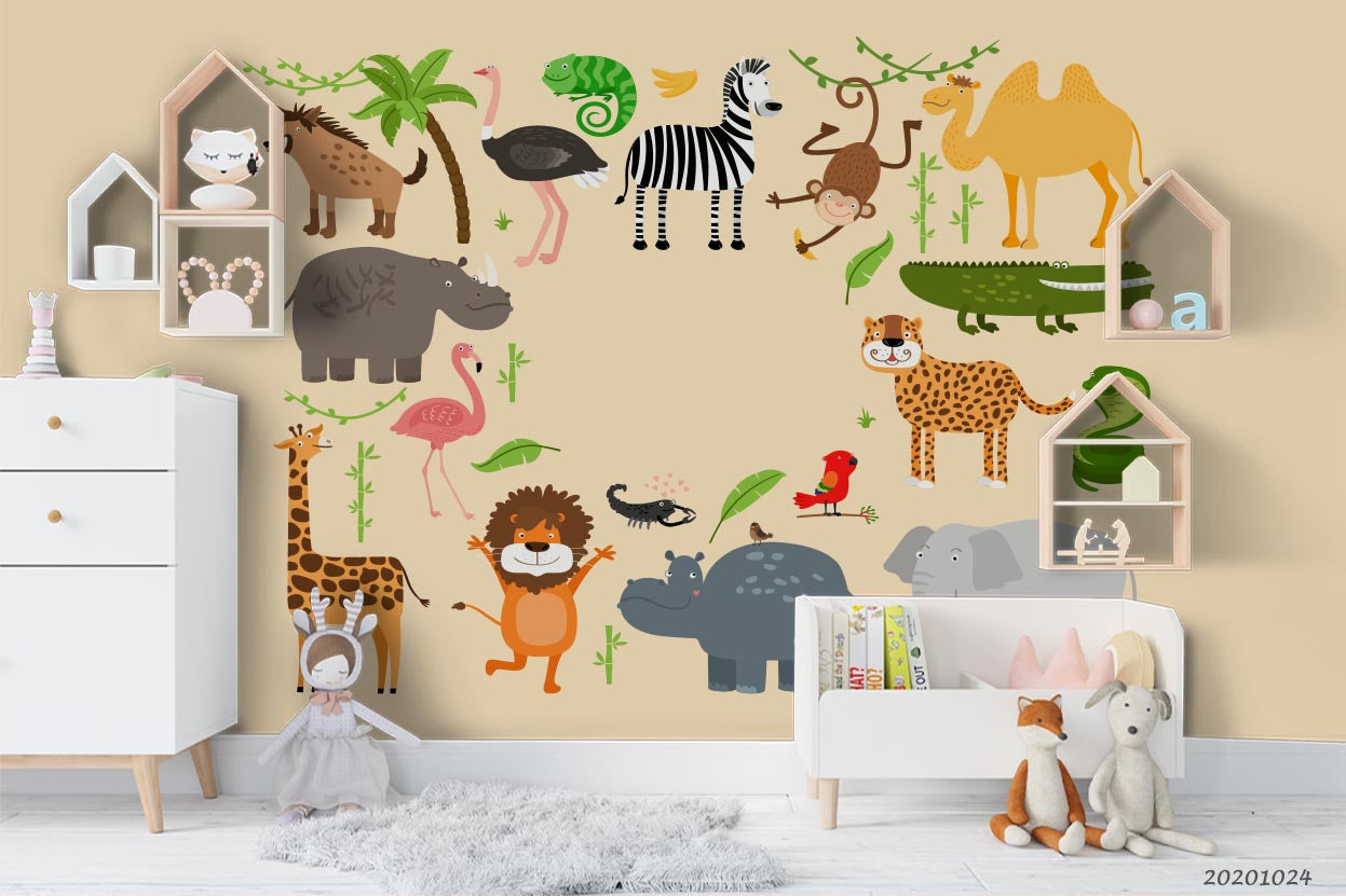 3D African Animals Predators Leopard Lion Elephant Hippopotamus Giraffe Camel Wall Mural Wallpaper Wj 6816