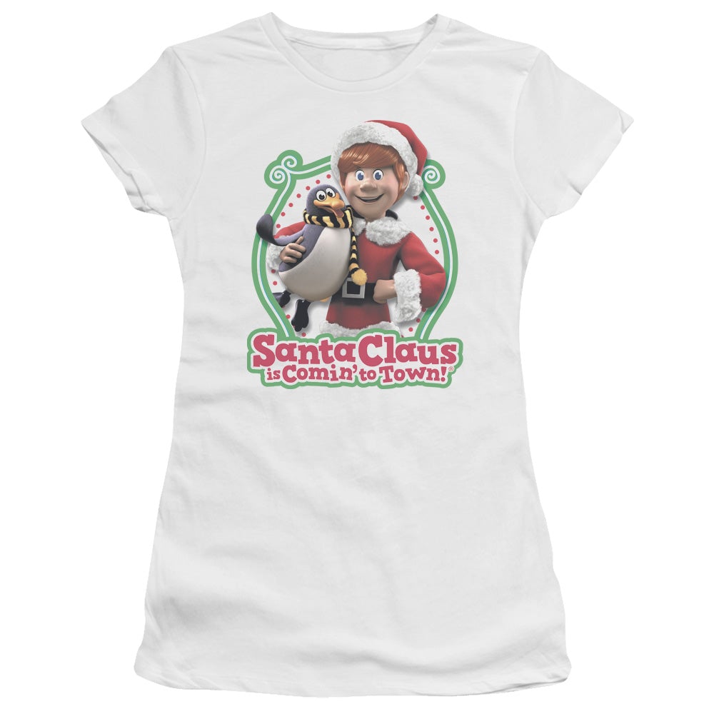 Santa Claus Is Comin To Town Penguin Junior Sheer Cap Sleeve Womens T Shirt White