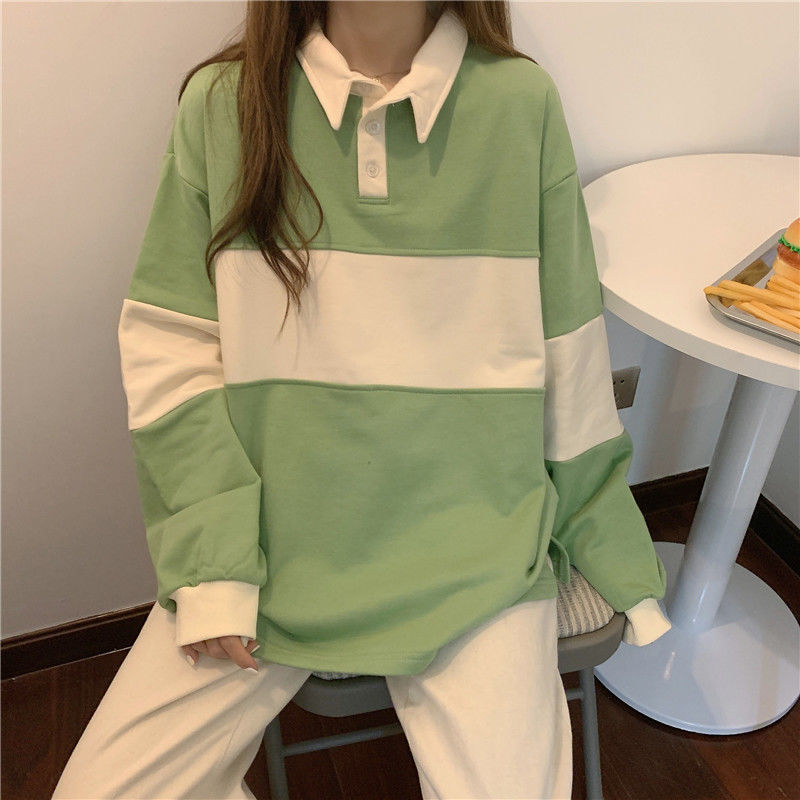 Vintage POLO Collar Letters Print Oversized Sweatshirt Women Girls Harajuku New Autumn Korean Kawaii Clothes Pullovers alx