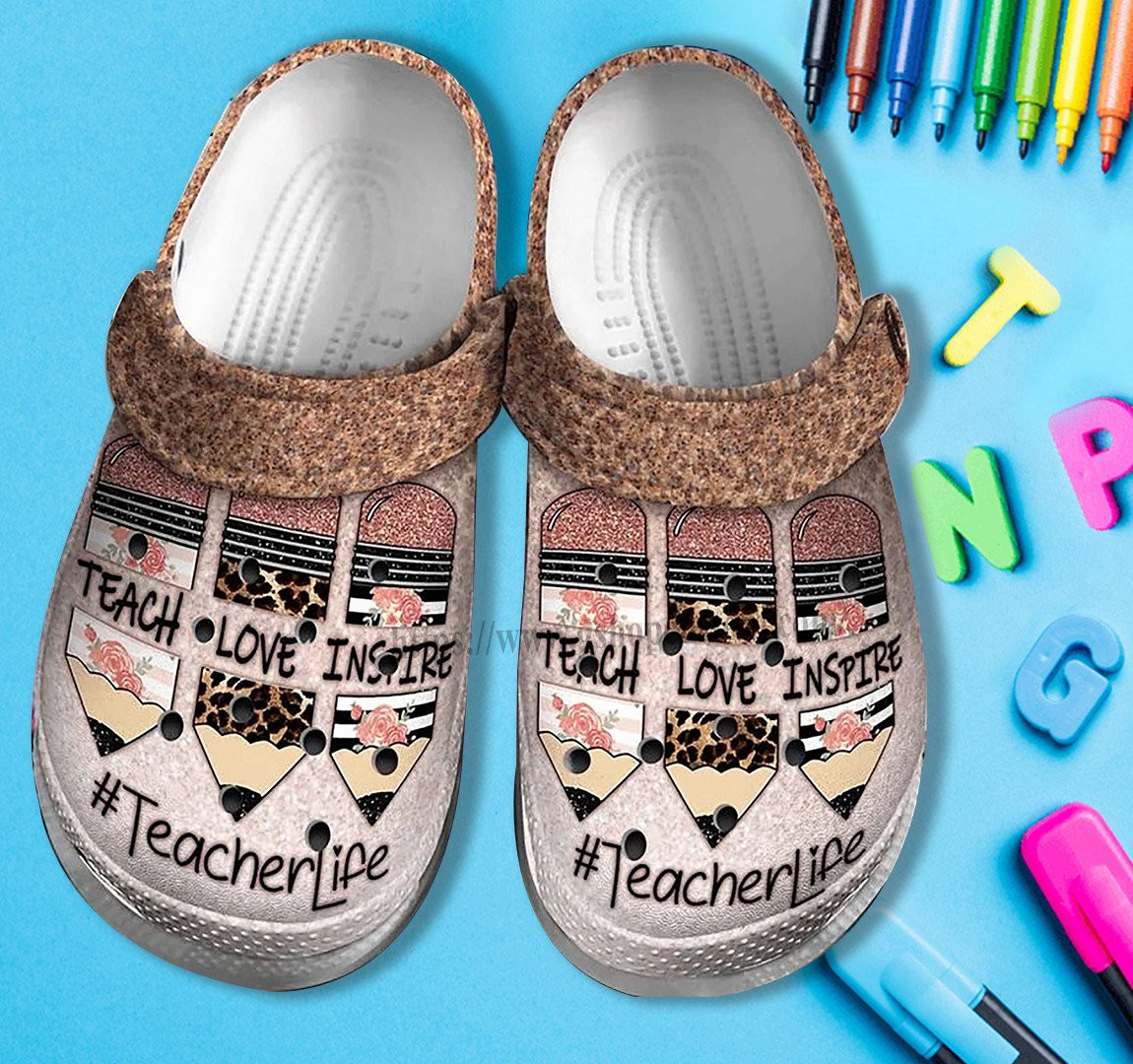 Teacher Life Love Inspire Crocs Shoes For Wife Mother Day- Teacher Pencil Twinkle Leopard Shoes Croc Clogs Customize