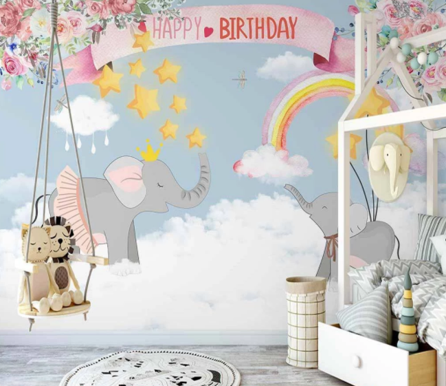 3D Cartoon Star Elephant Floral Cloud Wall Mural Wallpaper Lxl