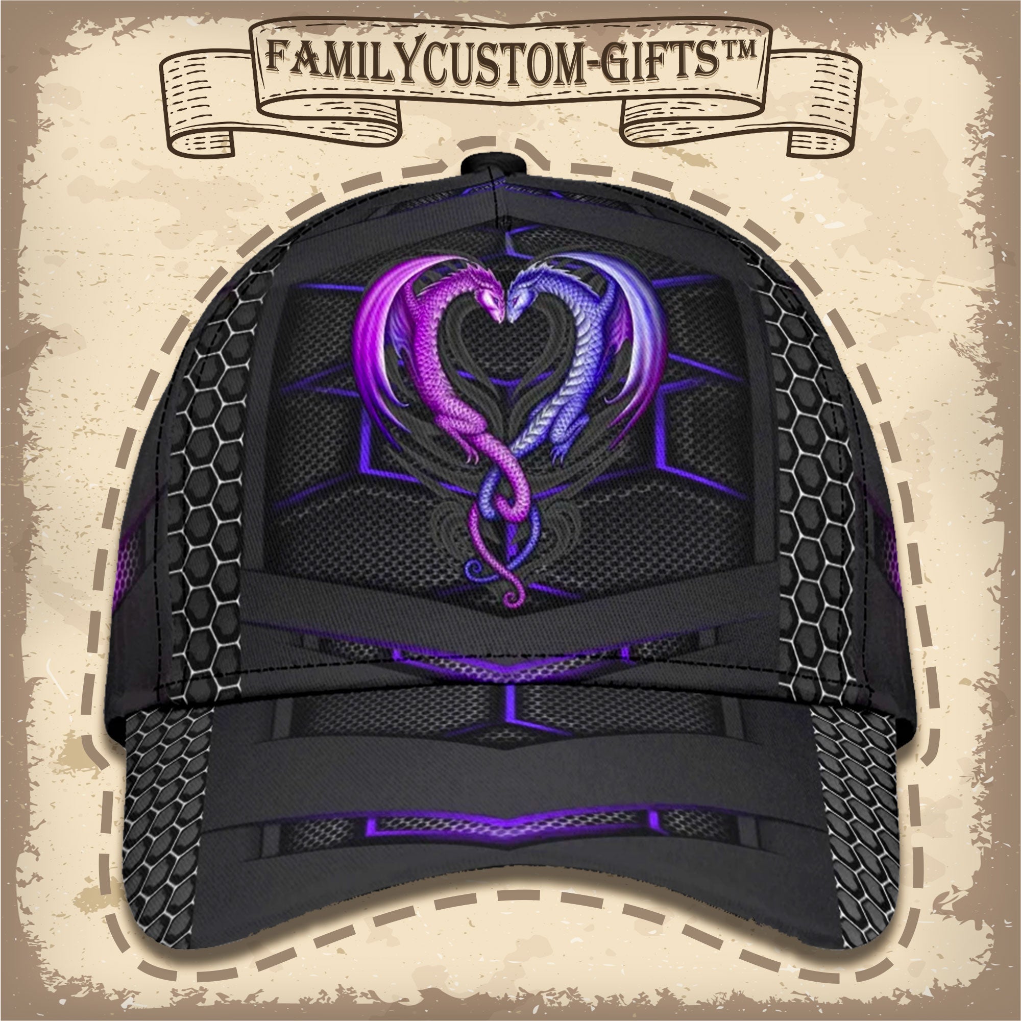 Purple & Blue Couple Dragons Custom Hats For Men & Women 3D Prints Personalized Baseball Caps