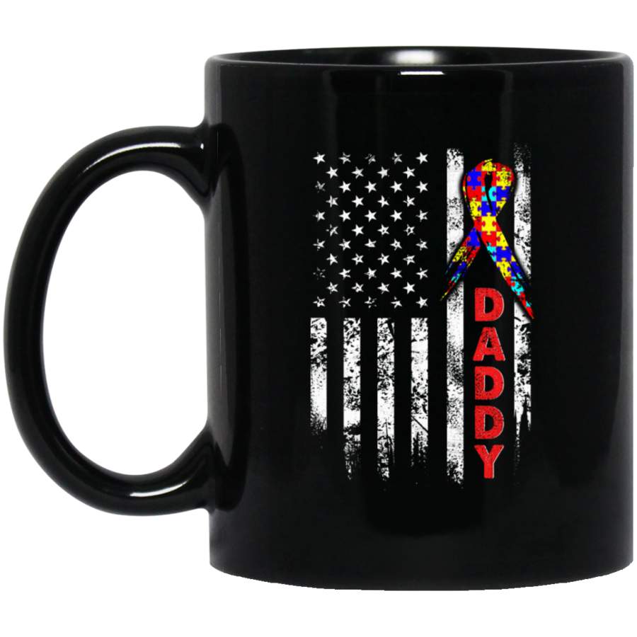 Autism Daddy American Flag Puzzle Vintage 11oz 15oz Black Mug Idea 2nd April Puzzle Ribbon Support Autism Dad Mom Kids Autistic