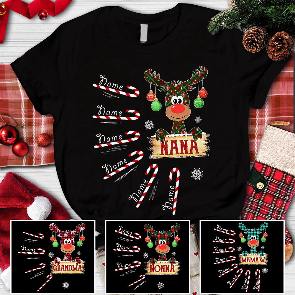 Nana Cute Reindeer Candy Cane Shirt, Funny Grandma Nana Mimi Christmas Shirt, Custom Nana With Grandkids Name Shirt