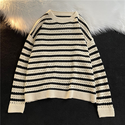 Black Striped Pullovers Men Sweater Hollow Out Handsome Casual Design Baggy Teens Unisex Chic Streetwear Свитер O-neck Vitality alx