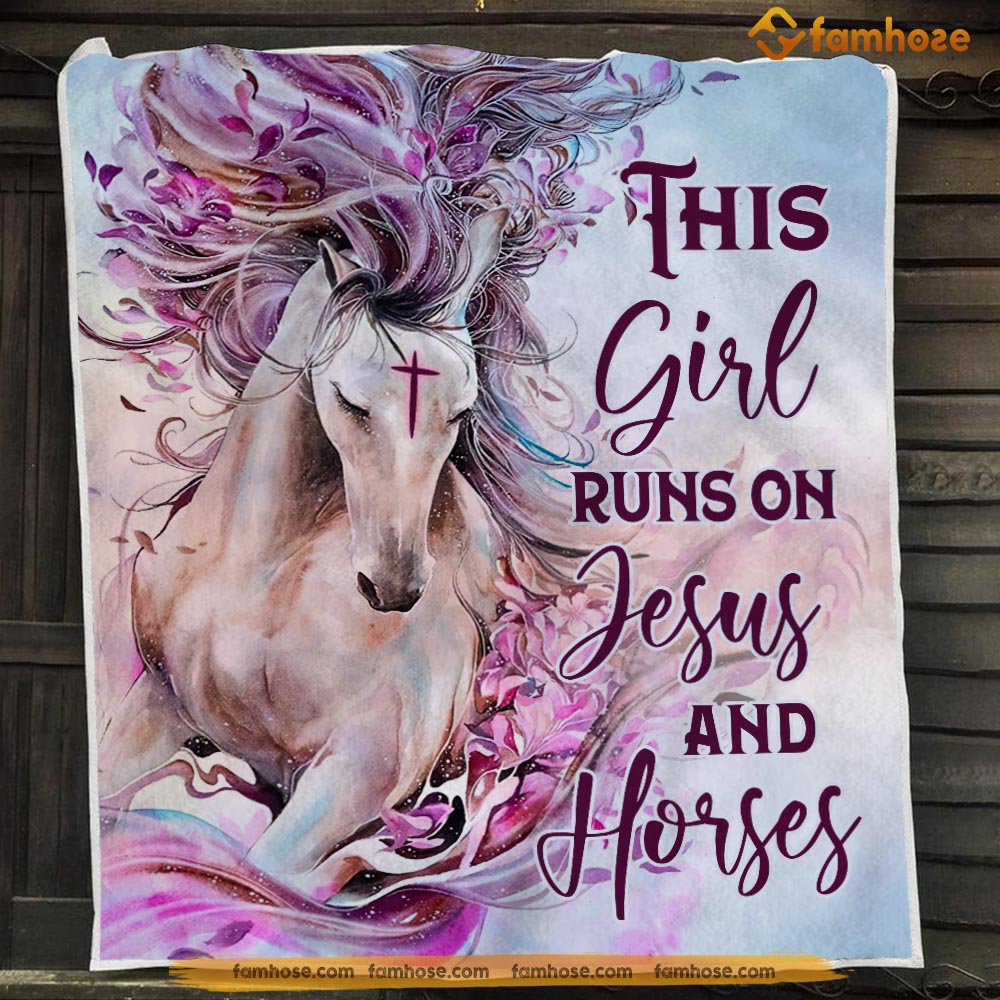 Cute Horse Blanket, This Girl Runs On Jesus And Horses Fleece Blanket – Sherpa Blanket Gift For Horse Lover