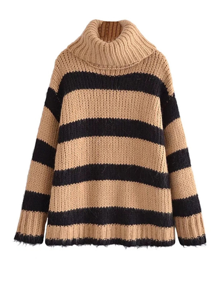 TRAF 2021 Knitted Striped Sweater Woman Beige Turtleneck Sweaters For Women Winter Long Sleeve Warm Oversize Sweater Pullover alx