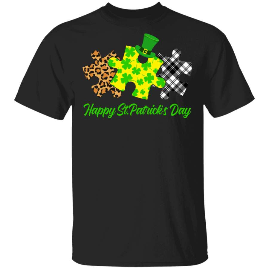 Puzzle Pieces Shamrock White Leopard Plaid Autism Awareness Autistic Children Autism Patient Kids Men Women St Patty’s Day T-Shirt