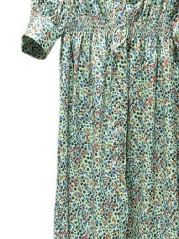 2022 New Autumn/ Winter New Style V-neck Retro Floral Printing Long Pleated Waist Dress alx