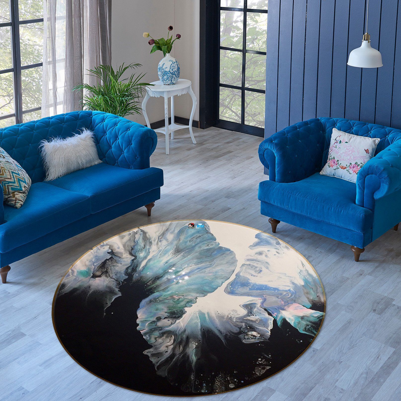 3D Blue Black Blooming Texture Round Rug – Round Carpet Home Decor