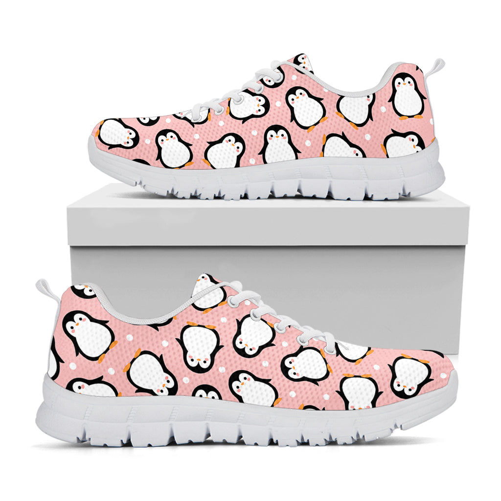 Pink Polka Dot Penguin Pattern Print White Sneakers