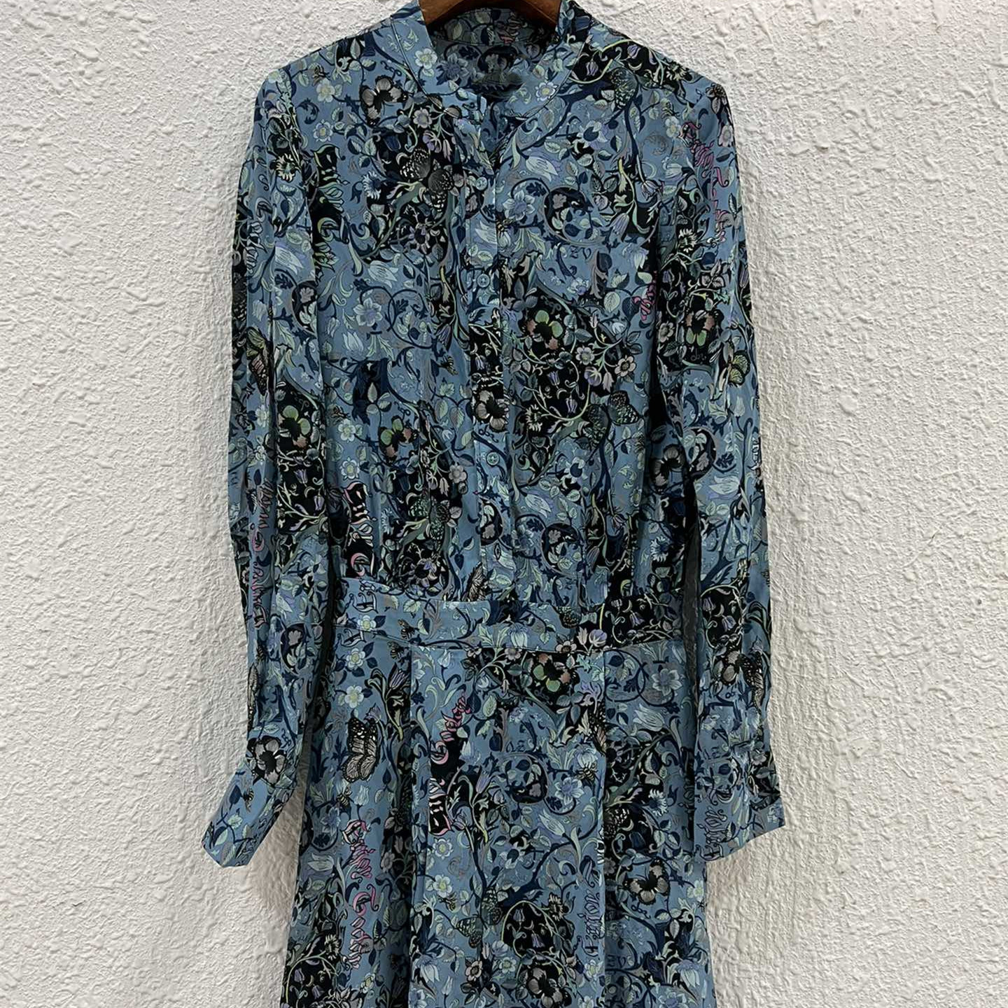 Women Knee-length Dress Floral Print Vintage Elastic Waist Long-sleeved Front Buttons Fmeale O-neck Robe alx