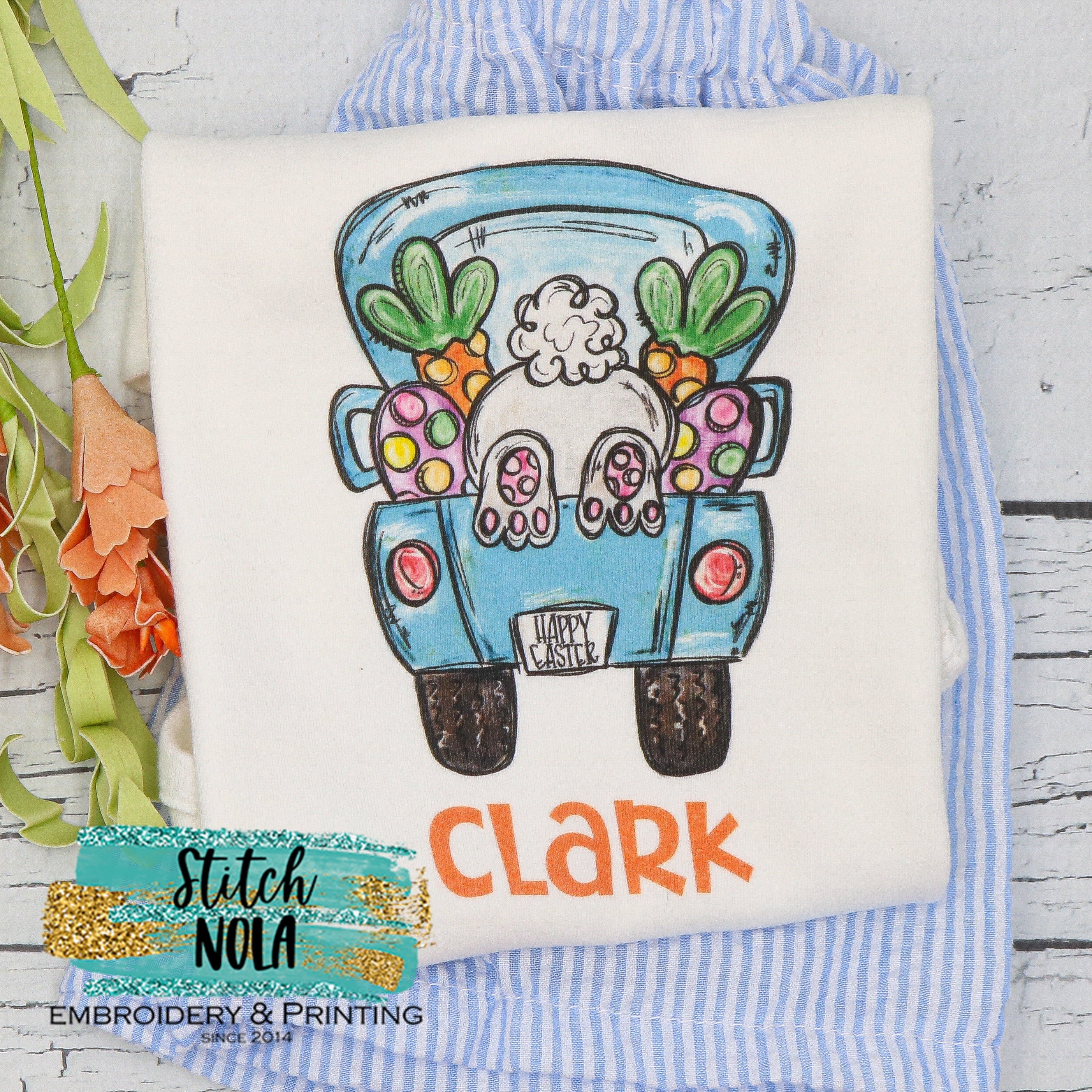 Personalized Easter Bunny In Truck Printed Shirt