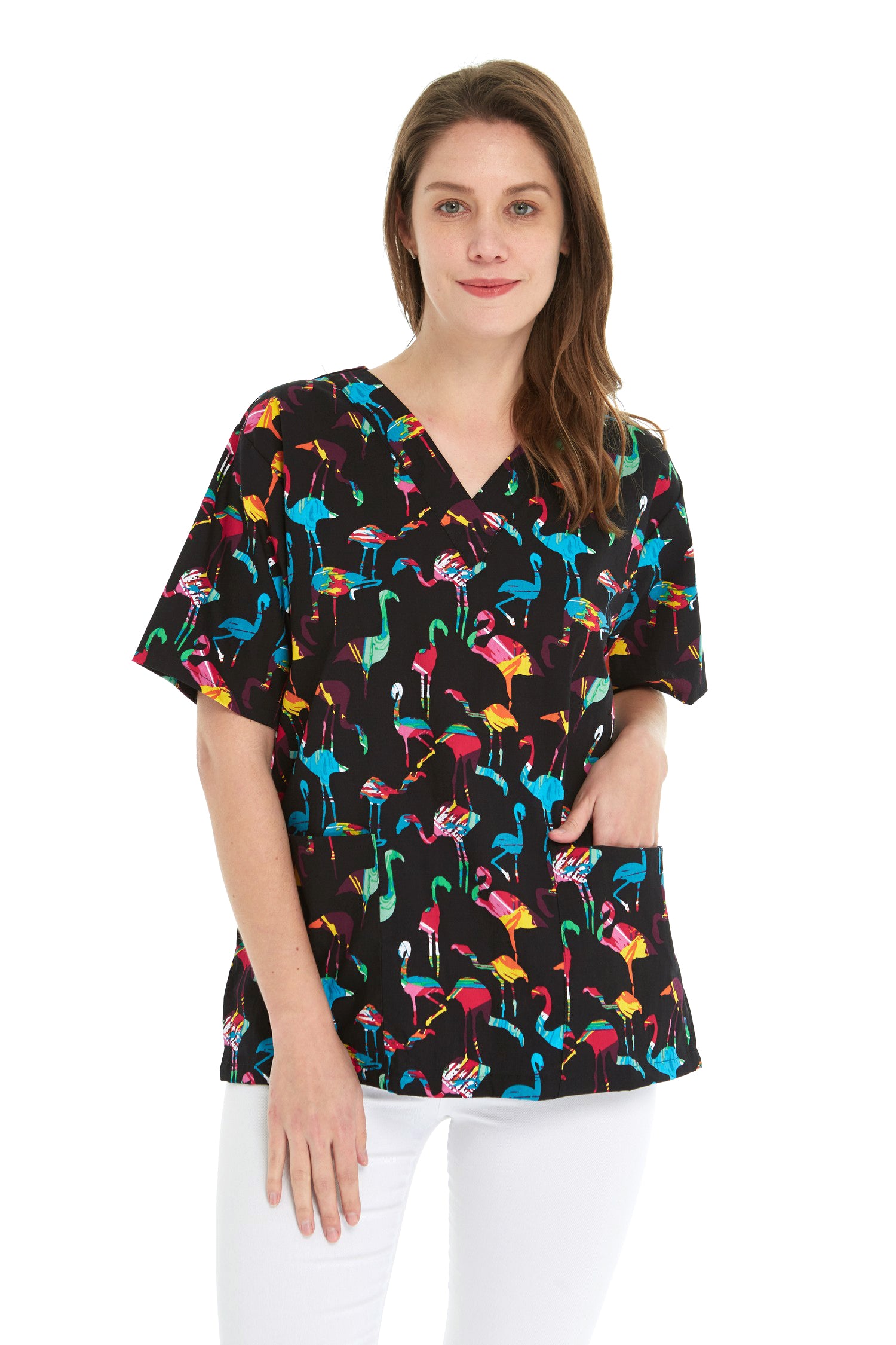 Hawaii 2 Pockets Scrub In Flamingo Party Black Ha7854