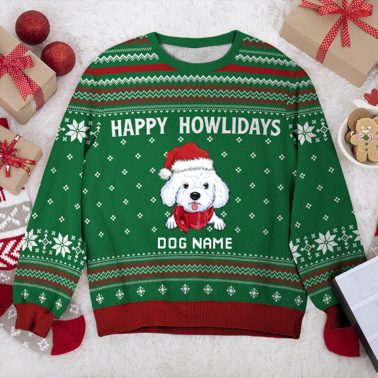 Bichon Frise Happy Howlidays Personalized Sweater, Dog Ugly Christmas Sweater