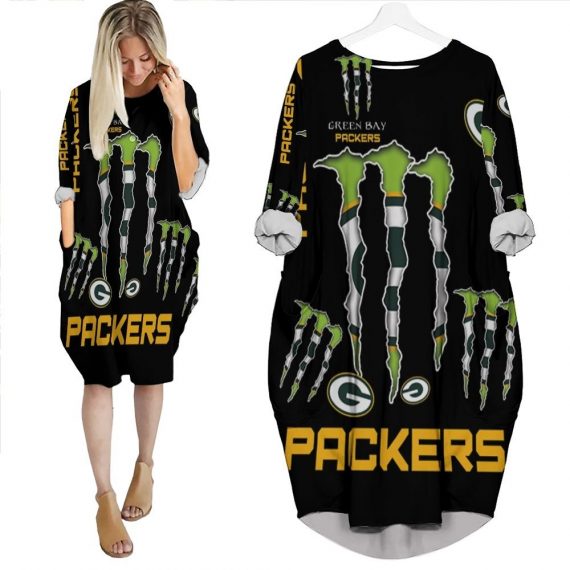 Monster Energy Lovers Green Bay Packers 3D Batwing Pocket Dress Womens Oversized Loose Dress