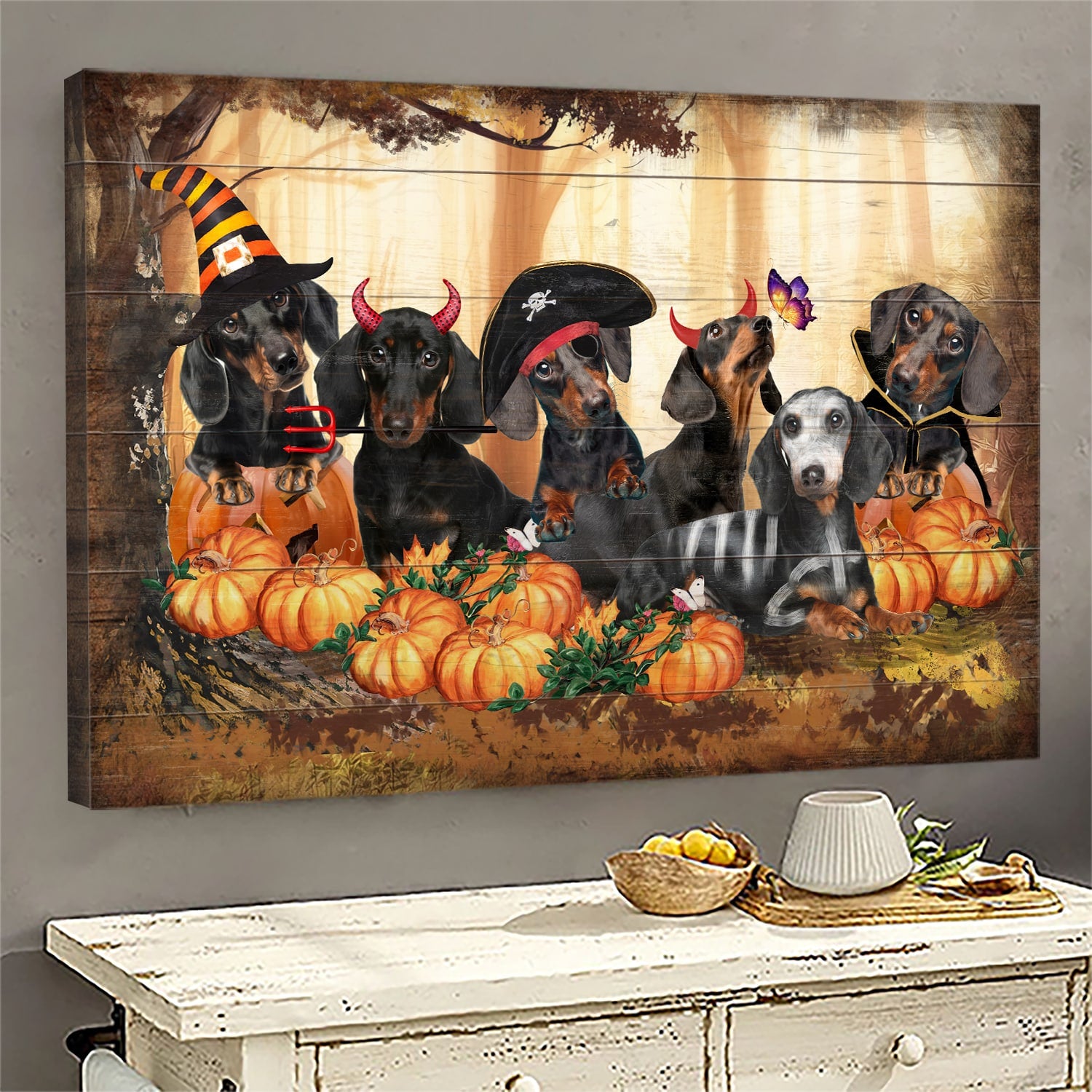 Dachshunds In Halloween Costumes Dachshund Landscape Canvas Prints, Wall Art