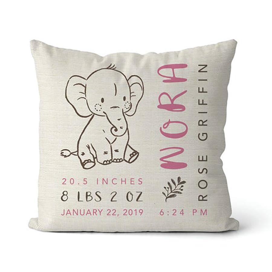 Woodland Nursery Elephant Birth Stats Pillow