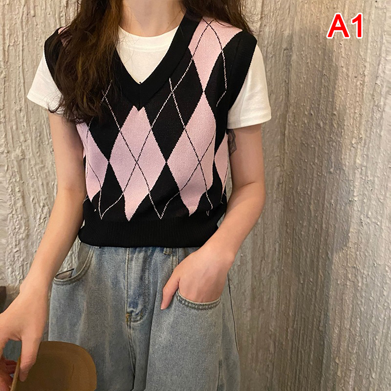 College Style Women’s Large Plaid Knitted Vest Sweater V-neck Sleeveless Retro Contrast Sweater Women’s Vest Fashion Top alx