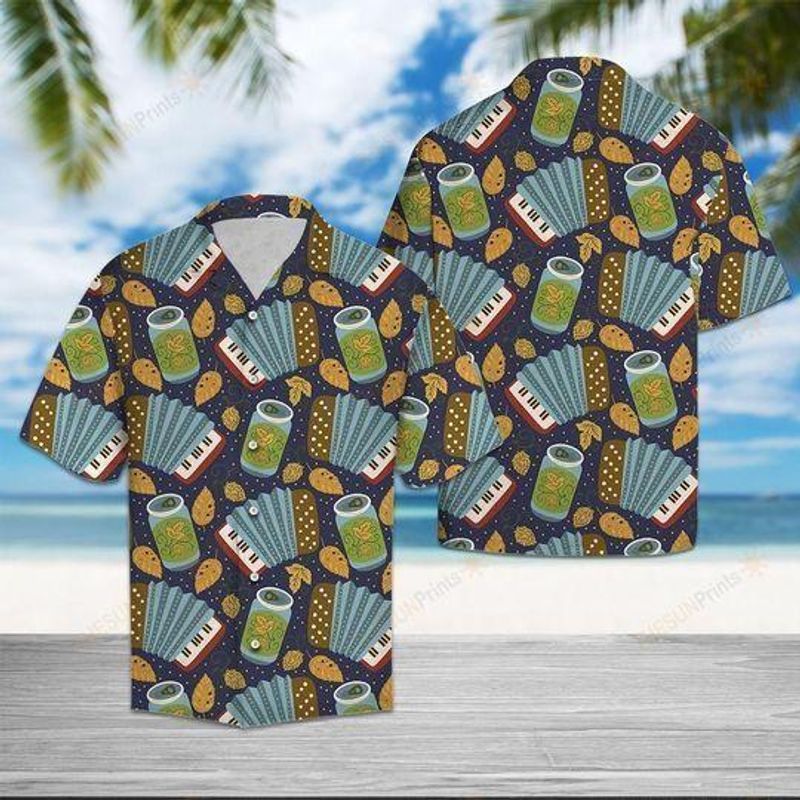 Accordion And Beer Drink Short Sleeve Hawaiian Shirt Unisex Hawaii Size S-5Xl