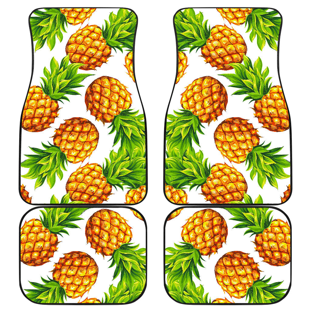 White Summer Pineapple Pattern Print Front And Back Car Floor Mats, Front Car Mat