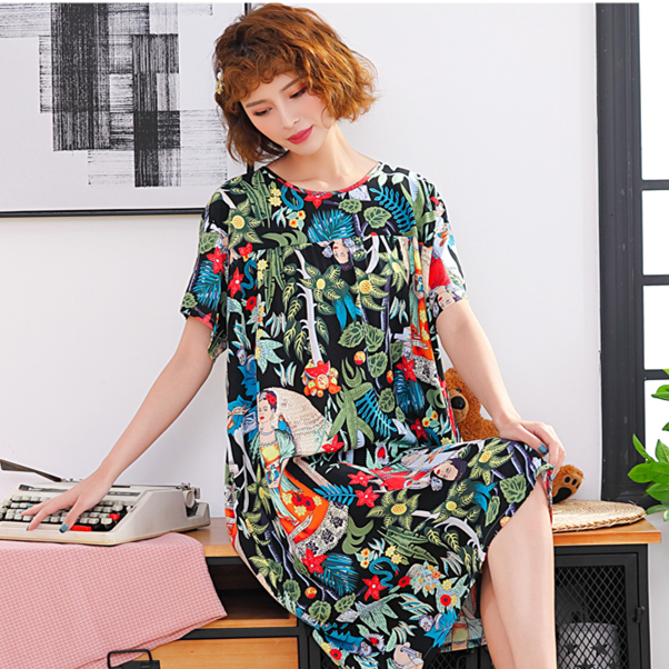 Summer Cotton M-5XL Sleepwear Women Nightdress Womens Fashion Print Ladies Nightgown Sexy Nightwear Big Yards Home Sleep Dress alx