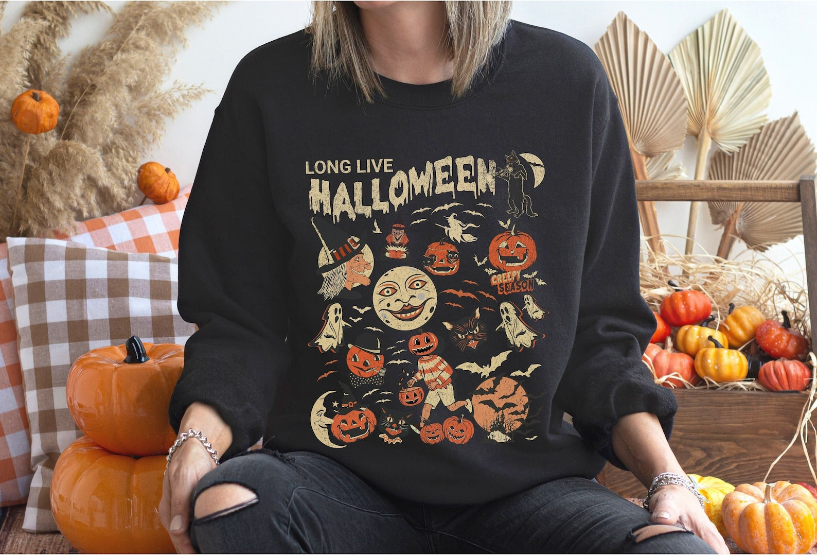 Vintage Halloween Sweatshirt 2D Crewneck Sweatshirt All Over Print Sweatshirt For Women Sweatshirt For Men Sws4017