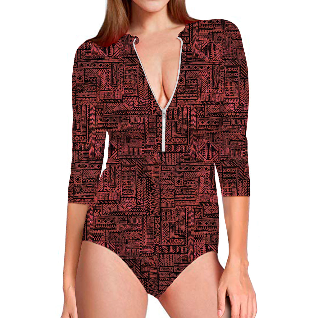 Red And Black African Ethnic Print Long Sleeve One Piece Swimsuit