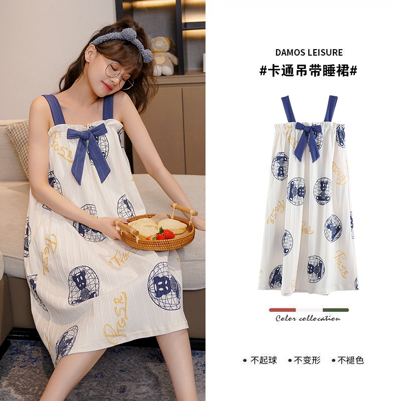 Summer New Women Lovely Cartoon Bow Dress Lady Sleeveless Cotton Homedress Female Loose Casual Sleepdress Nightdress alx